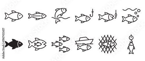 Collection of simple black outline fish icons depicting various fishing and aquatic themes, presented clearly