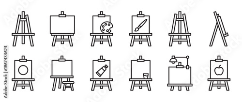 Collection of twelve black outline easel icons displaying various art supplies and simple drawings on canvases
