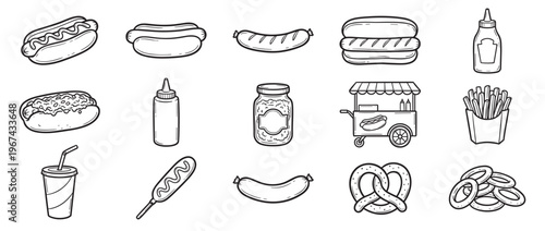 Collection of hand-drawn hot dogs, sausages, condiments, and street food items in a simple black and white line art style