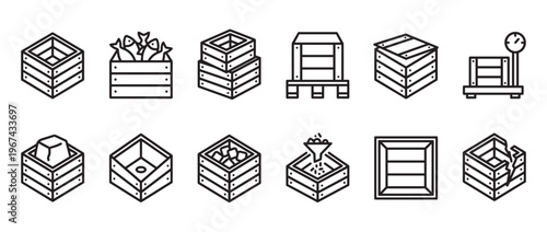 Collection of twelve black and white line art icons depicting various wooden crates and related items