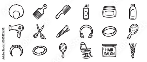 Comprehensive collection of hand-drawn black and white hair salon tools and accessories icons, perfect for beauty and styling themes