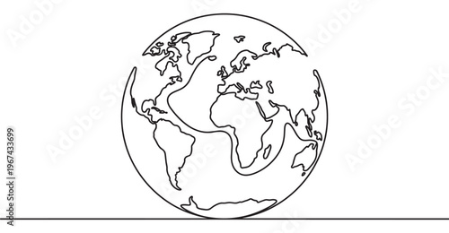 Simple black outline drawing of the Earth globe, featuring continents and oceans in a continuous line art style