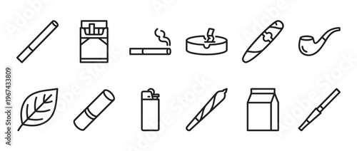 Collection of black outline smoking-related icons including cigarettes, cigars, a pipe, lighter, and tobacco leaf, presented in a clean, graphic style