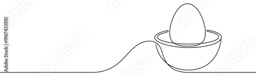Single continuous line drawing of an egg in an egg cup, rendered in a minimalist graphic style with clean lines