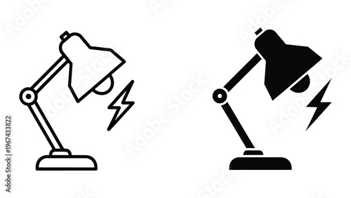 Comparison of functioning and malfunctioning desk lamps with electrical issues illustrated