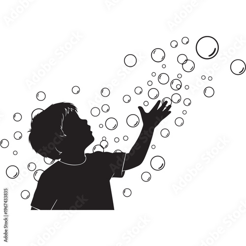A dreamy black silhouette portrays a young boy gazing upwards with his hand extended, reaching for numerous light and airy bubbles floating around him, symbolizing wonder and childhood joy.