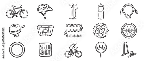 Various hand-drawn bicycle accessories and parts are neatly arranged in a grid pattern, showcasing cycling essentials in a simple, illustrative style