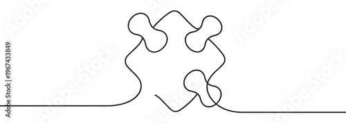 Continuous single line drawing of a four-piece puzzle forming a square shape, symbolizing connection and problem-solving