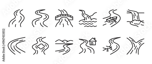 Collection of simple black outline river icons depicting various water flow scenarios and elements