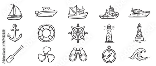 Collection of hand-drawn nautical elements including various boats, an anchor, lifebuoy, ship's wheel, lighthouse, and other marine objects