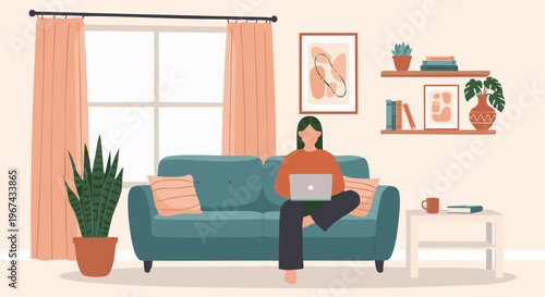 Young woman working on laptop on sofa at home, cozy living room interior
