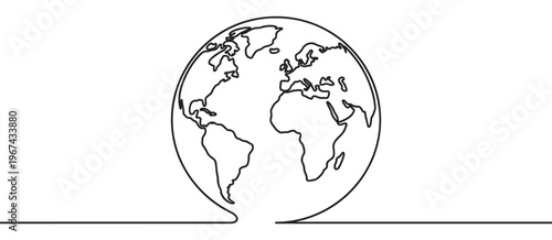 Simple black line art drawing of the Earth globe with continents, representing global connection and unity on a clean white surface
