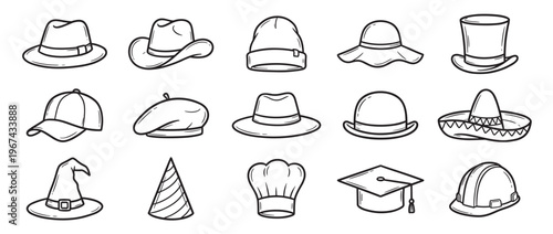 Collection of various hand-drawn hat illustrations, including fedora, cowboy, beanie, sun hat, top hat, baseball cap, beret, bowler, sombrero, witch hat, party hat, chef hat, graduation cap,