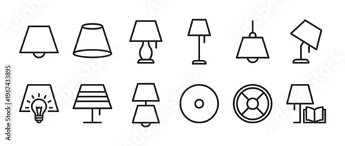 Collection of various black outline lamp icons, including table lamps, pendant lights, and shades, presented in a clean, minimalist style