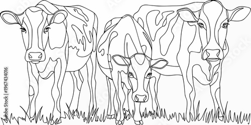 A stylized line drawing depicts three cows standing in tall grass