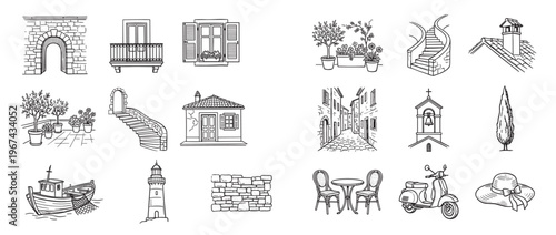 Various hand-drawn black and white illustrations depict elements of Mediterranean architecture and culture, including buildings, plants, and objects