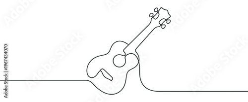 Simple continuous line drawing of a ukulele, showcasing its classic shape and tuning pegs in a minimalist style
