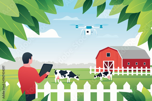 A farmer uses a tablet to operate a drone over a rural landscape