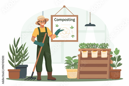 A gardener explains composting process with a visual aid and gardening tools