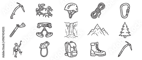 Collection of hand-drawn black and white doodle icons representing various climbing and outdoor adventure equipment and natural elements
