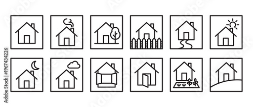 Collection of twelve simple black outline house icons depicting various home-related concepts and scenarios