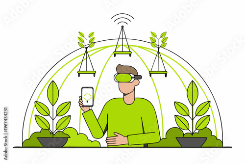 Man using vr headset interacting with plants in a digital environment