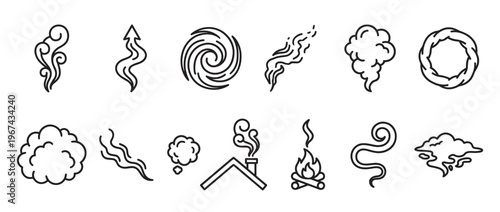 Various black outline smoke and steam icons are arranged neatly, depicting different shapes and movements in a clean, graphic style