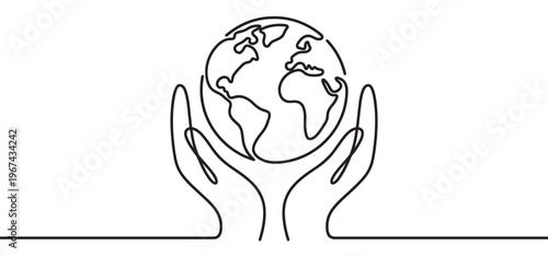 Continuous line drawing of two hands holding a globe, symbolizing global care and environmental protection