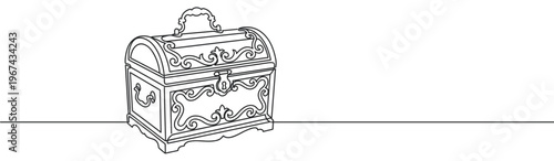 Ornate antique treasure chest with intricate scrollwork and a keyhole, drawn in a continuous line art style