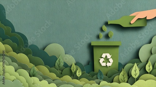 Papercut eco banner with a hand dropping a bottle into a green recycling bin among layered forest leaves, sustainability concept in sage, mint, and soft green tones