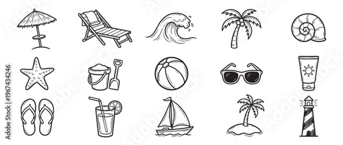 Collection of hand-drawn black and white summer beach icons, including an umbrella, chair, wave, palm tree, and seashell