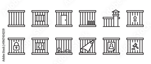Collection of twelve black outline prison bar icons depicting various aspects of incarceration and justice