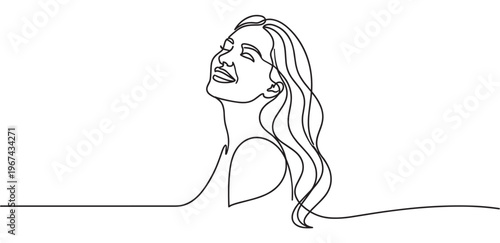 Beautiful woman's face with closed eyes and long flowing hair is depicted in a continuous line art drawing