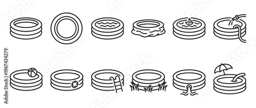 Collection of black outline inflatable swimming pool icons with various elements like water, toys, and accessories