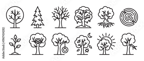 Collection of various tree line icons, including a sapling, pine, bare, snow-covered, rooted, and a tree stump