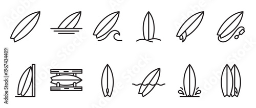 Collection of various surfboard line art icons depicting different surfboards and surfing scenarios in a clean, minimalist style