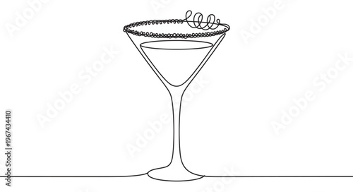 Single continuous line drawing of a martini glass with a decorative rim and a spiral garnish, presented in a minimalist art style
