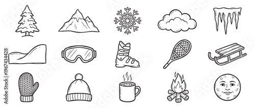 Collection of hand-drawn black and white winter icons, including a pine tree, mountains, snowflake, cloud, icicles, ski goggles, ski boot, snowshoe, sled, mitten, beanie, hot chocolate,