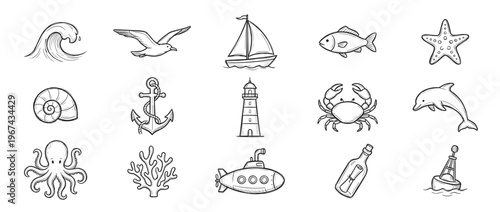 Collection of fifteen hand-drawn black and white marine life and nautical objects, featuring various sea creatures and ocean elements