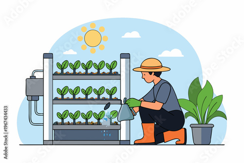 A gardener tending to seedlings in a vertical hydroponic growing system