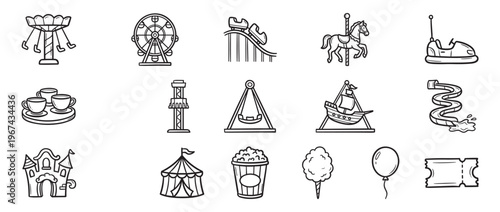 Collection of fifteen black and white line art icons depicting various amusement park rides and attractions