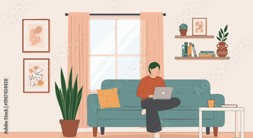 Person working on laptop on a sofa in a modern, cozy living room
