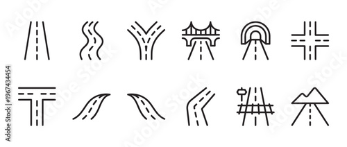 Collection of various simple black line art road icons depicting different types of paths and intersections