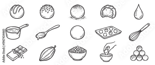 Collection of hand-drawn chocolate and confectionery elements, including truffles, cocoa beans, and baking tools, in a clean line art style