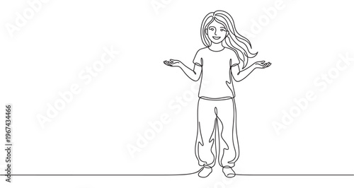 Happy young woman with long hair stands smiling with open hands in a continuous line art drawing style