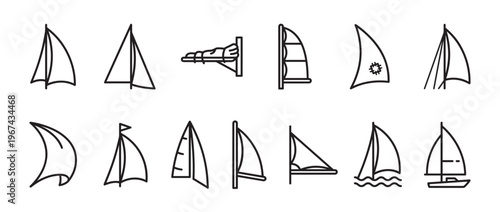 Collection of twelve simple black outline sailboat and sail icons in various styles, presented in a clean, graphic vector illustration