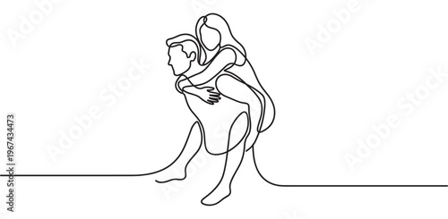 Continuous line drawing of a happy man giving a piggyback ride to a woman, illustrating joy and connection