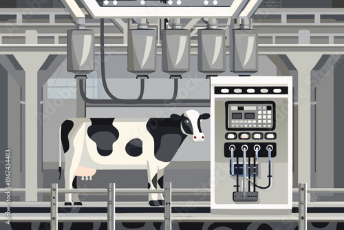 A black and white cow stands in a modern automated milking parlor