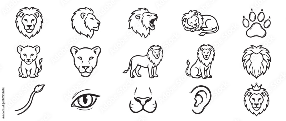 Fototapeta premium Collection of black outline lion illustrations, featuring various poses, faces, and details of the majestic animal
