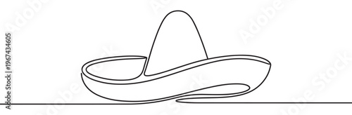 Simple black line art drawing of a traditional Mexican sombrero hat with a wide brim, presented in a continuous line style